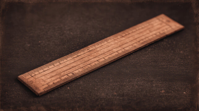 A wooden ruler with measurement markings lies diagonally on a dark textured surface, showing signs of wear and vintage character.