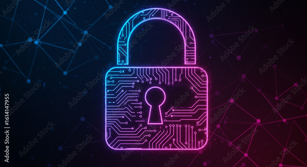 Poster digital padlock with circuit pattern against a dark background with connected dots and lines