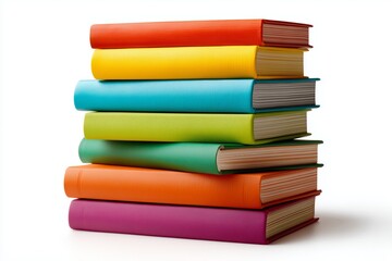 Stack of multi-colored books arranged neatly on a white background showcasing vibrant hues that invite reading and exploration of knowledge and stories for book lovers and students alike