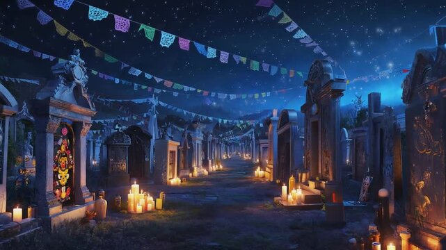 Decorated Cemetery on the Day of the Dead, in Mexico.