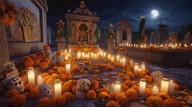 Decorated Cemetery on the Day of the Dead, in Mexico.