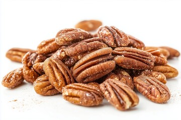 Cinnamon-coated pecans stacked and arranged on a clean white background for a delightful snack experience