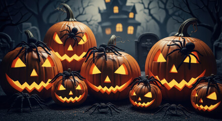 Creepy Halloween Pumpkin Patch Scene with Spiders and Glowing Jack O'Lanterns A Dark and Eerie Display of Carved Pumpkins Adorned with Spiders for Decoration