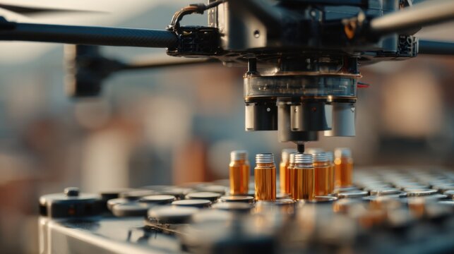 Closeup medium shot focusing on insulated meal capsules being loaded into a drones delivery hatch atop a building with the surrounding rooftop area out of focus to highlight
