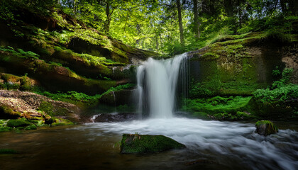 Obraz premium rhythmic waterfall pounds ancient stone a musical cascade echoing through primeval forest depths
