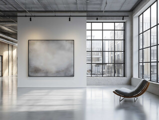 a white painting on a stretcher on a concrete floor white walls huge windows with a black frame stylish minimalistic black windows and black frame a darker gray exte