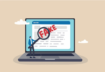 Fake news or false information spreading on website and social media, screening or verify truth before sharing or believe concept, man with magnifying glass verify fake news on website on computer.