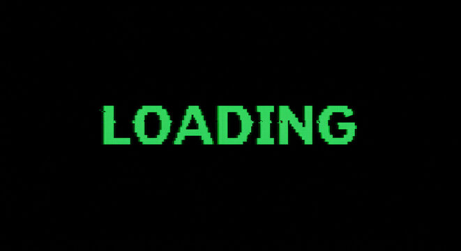A green pixelated loading text against a black background indicating a process is in progress