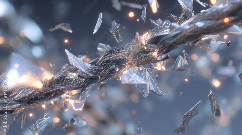 Poster glass cable exploding and shattering into tiny particles with golden lines inside, representing tech