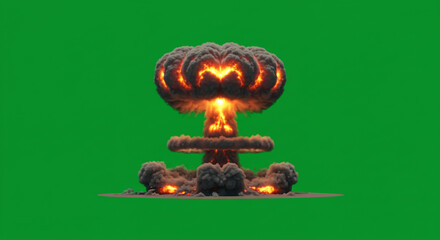 A mushroom cloud explosion with fire and smoke against a solid bright green screen background view