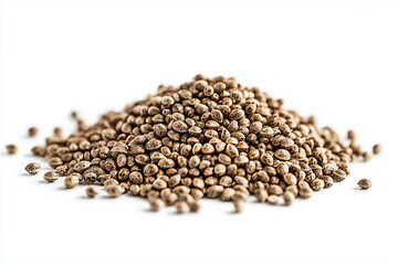 Pile of hemp seeds on a white background evidencing their texture, color, and natural appeal for health and culinary uses