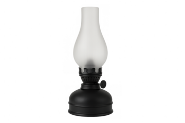 Vintage kerosene lamp glowing softly, transparent setting revealing ornate glass and metallic details of traditional lighting instrument