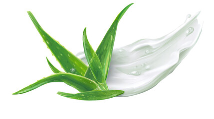 Fototapeta premium Fresh aloe vera plant with a swirl of white cream isolated on transparent background