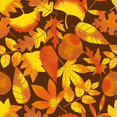 Seamless autumn pattern with colorful leaves. Bright fall foliage background for seasonal design, fabric, wrapping paper and decoration.