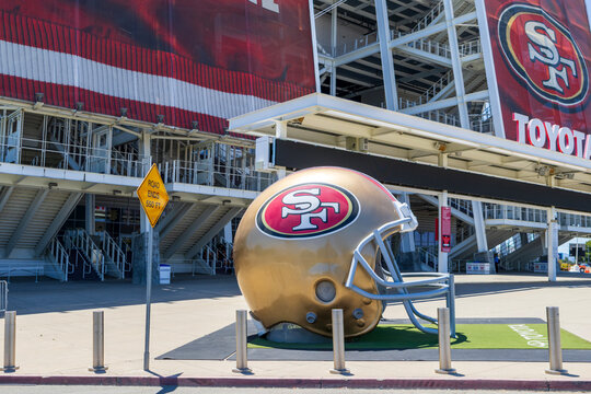A giant helmet at Levi's Stadium the home of San Francisco 49ers NFL team in Santa Clara California USA