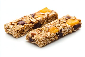 Mango and coconut granola bars arranged on a clean white background showcasing natural ingredients and vibrant colors for a healthy snack option