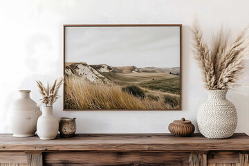 An ultrarealistic picture of a landscape wall art hanging above a wooden mantlepiece with neutral decorative items and pampas grass in a textured vase