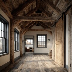 Rustic hallway, exposed beams, wood flooring, barn door, autumn view