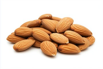 Fototapeta premium Fresh raw almonds arranged in a neat pile on a clean white surface, showcasing their natural color and texture, perfect for healthy snacking and cooking
