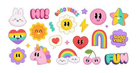 Fototapeta premium Colorful Kawaii Stickers set: Fun, Good Vibes, and Cute Characters. Funny unicorn. Kawaii bunny face. Rainbow hearts, smiling flowers, unicorns, stars, and happy phrases: 'Good Vibes' and 'Fun'