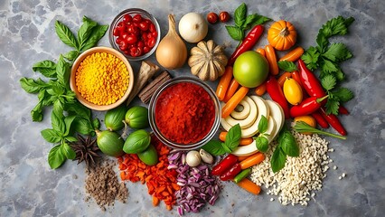 Colorful array of fresh Asian ingredients and spices on a rustic stone surface.