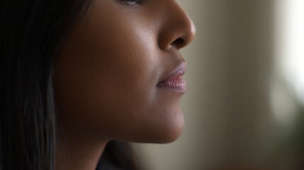 African American woman with long dark hair is gazing thoughtfully, showcasing her profile in a softly lit indoor environment, reflecting calmness and introspection