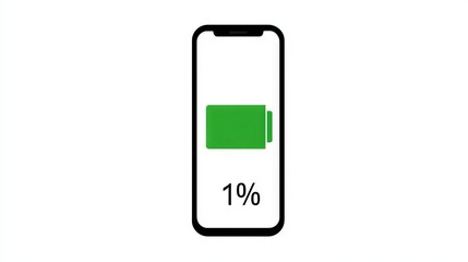 Smartphone mock up displaying low battery status with 1% charge indicator, featuring a green battery icon on a white background, ideal for technology and energy-related designs