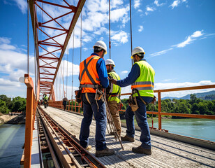 Construction workers building a bridge over a river, working with heavy equipment and safety gear.