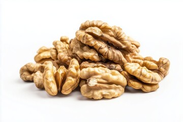 Fototapeta premium Walnut halves stacked on a white background showcase natural texture and color for culinary inspiration and healthy snacking options