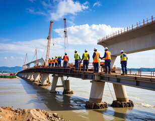 Skupina pracovn&iacute;ků na mostě ve v&yacute;stavbě přes řeku, spolupracuj&iacute; venku v ochrann&yacute;ch pomůck&aacute;ch za denn&iacute;ho světla.