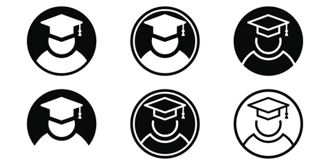 Round student icon set in solid and stroke black graduation cap style vector.
