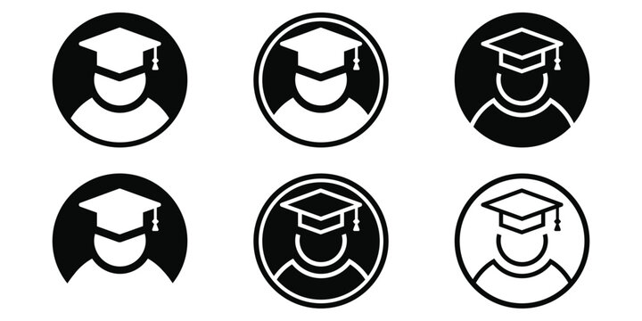 Round student icon set in solid and stroke black graduation cap style vector.