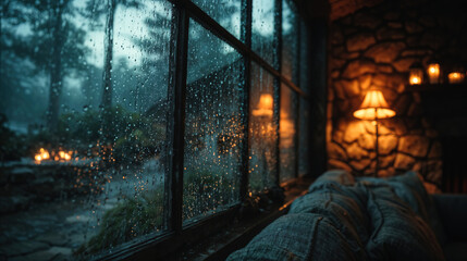 Wallpaper of a cozy scene of a window with raindrops and a lamp in the room. The room is cozy and warm.
