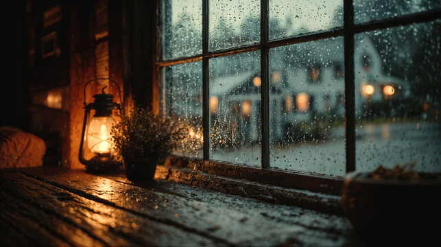 Background of a window with raindrops and a lantern on a table. The lantern is lit and rain is falling outside. The scene is cozy and warm - Powered by Adobe