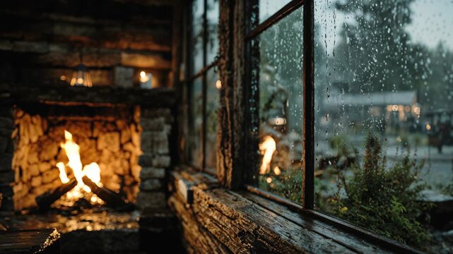 Video background of a cozy living room with a fireplace and a window in which it is raining. The room has a warm and cozy atmosphere, perfect for relaxing and enjoying the warmth of the fire.