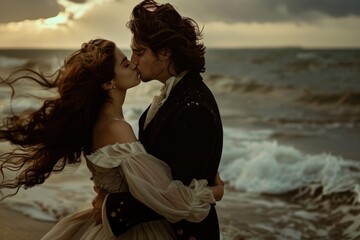 Romantic historical couple kissing passionately by vast ocean waves at sunset. Elegant man and woman embrace on a windy beach during a dramatic baroque era moment.
