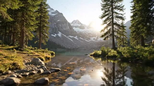 Majestic alpine lake in the Canadian Rockies with a perfect reflection, revealing a clear water shore as the camera pulls back at sunrise