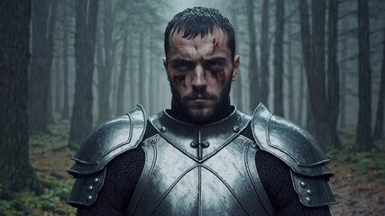 Determined Knight Braving Stormy Forest Backdrop, Perfect for HighEnergy Campaigns or Epic Fantasy Projects Inspiring Perseverance and Courage.