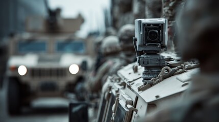 Clear medium shot focusing on the infrared countermeasure turret mounted atop a troop transport with the surrounding vehicle and soldiers softly blurred to emphasize the advanced