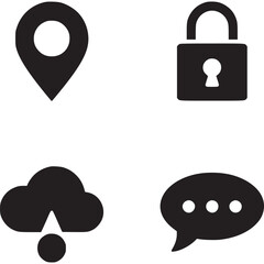 A set of four black icons including a location pin a lock a cloud with rain and a speech bubble icon on transparent background