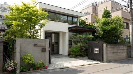 Obraz premium Modern Japanese home exterior with concrete walls and lush greenery / 植栽とコンクリート塀が映える現代的な日本住宅の外観