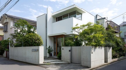 Fototapeta premium Modern Japanese home exterior with concrete walls and lush greenery / 植栽とコンクリート塀が映える現代的な日本住宅の外観