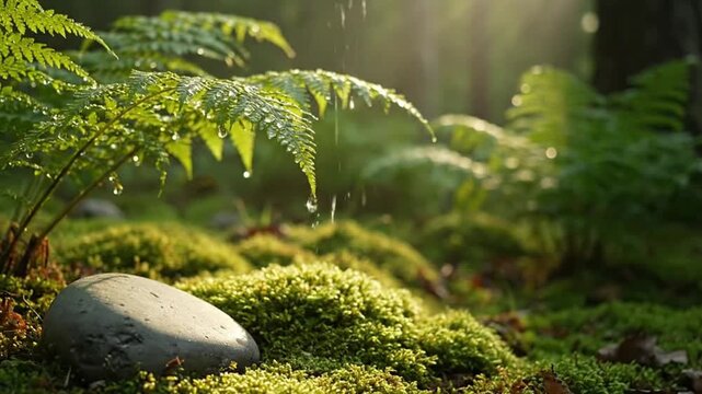 Serene close-up of fresh raindrops dripping from a fern leaf onto lush green moss in a sunlit forest