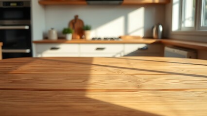 Minimalist kitchen scene featuring a wooden table with soft shadows from window light.