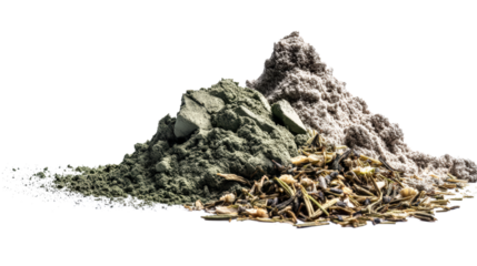A pile of green and brown cosmetic powder with herbs, isolated on transparent background
