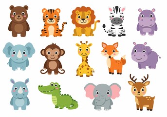 Cute cartoon animals vector illustration set for kids children education art