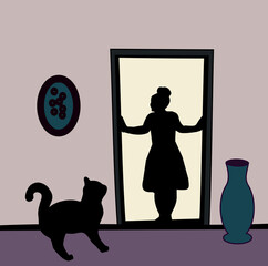 Silhouette of a woman standing in the doorway looking out, a cat is to the left of the woman, and a vase to the right.
