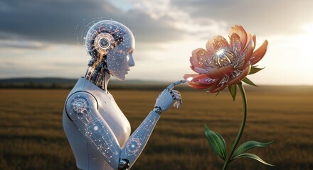 Computerized neural network embodied in robot examining biomechanical flower in field.