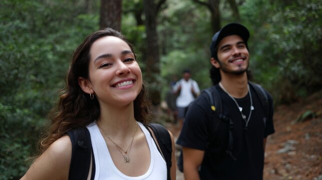 Young hispanic adults smiling on forest hike with backpacks