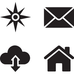 A collage of four black and white icons including a star, envelope, cloud, and house symbol design on transparent background